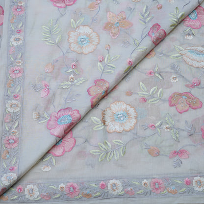 Pastel Grey Floral Embroidered Fabric with Stone Work.