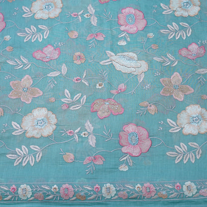 Aqua Blue Floral Embroidered Fabric .