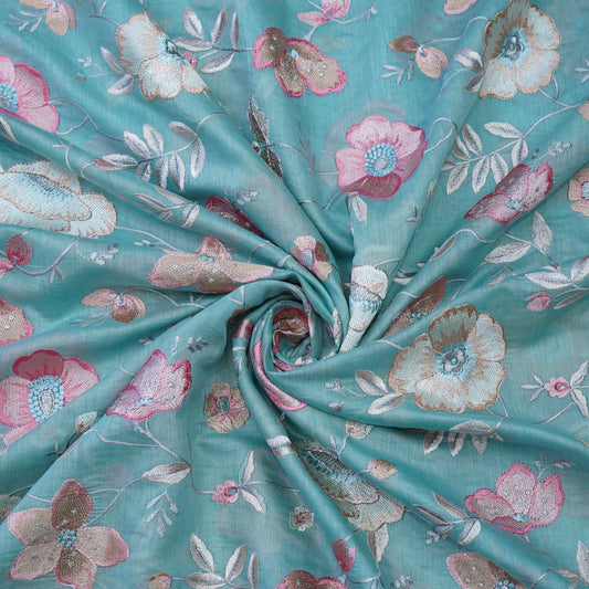 Aqua Blue Floral Embroidered Fabric .