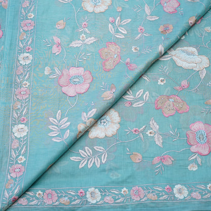Aqua Blue Floral Embroidered Fabric .