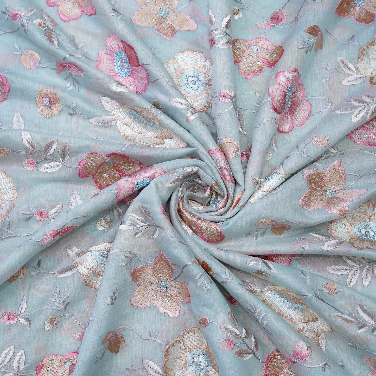 Powder Blue Floral Embroidered Fabric .