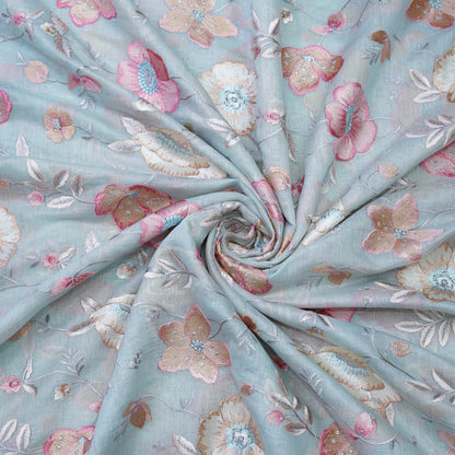 Powder Blue Floral Embroidered Fabric .