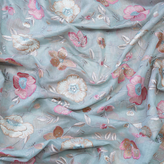 Powder Blue Floral Embroidered Mul chanderi  Fabric .