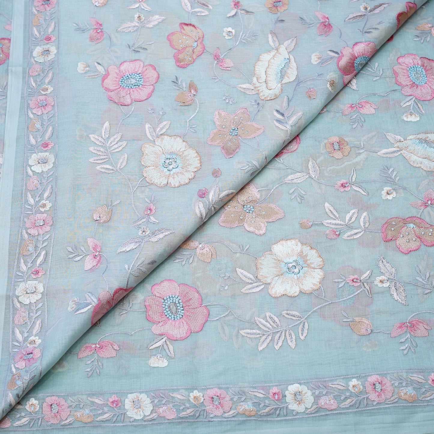 Powder Blue Floral Embroidered Fabric .