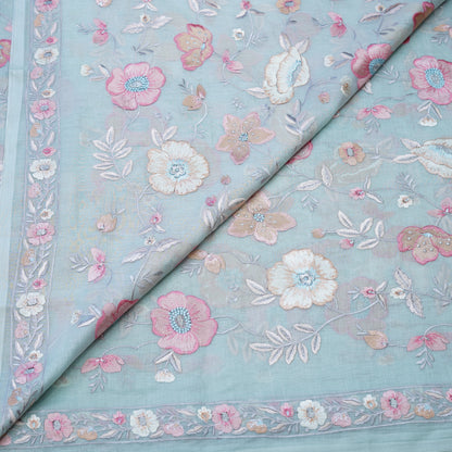 Powder Blue Floral Embroidered Fabric .