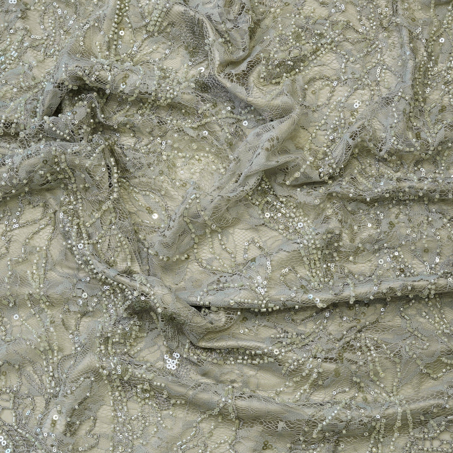 Champagne Gold Heavy Embellished Net Fabric.