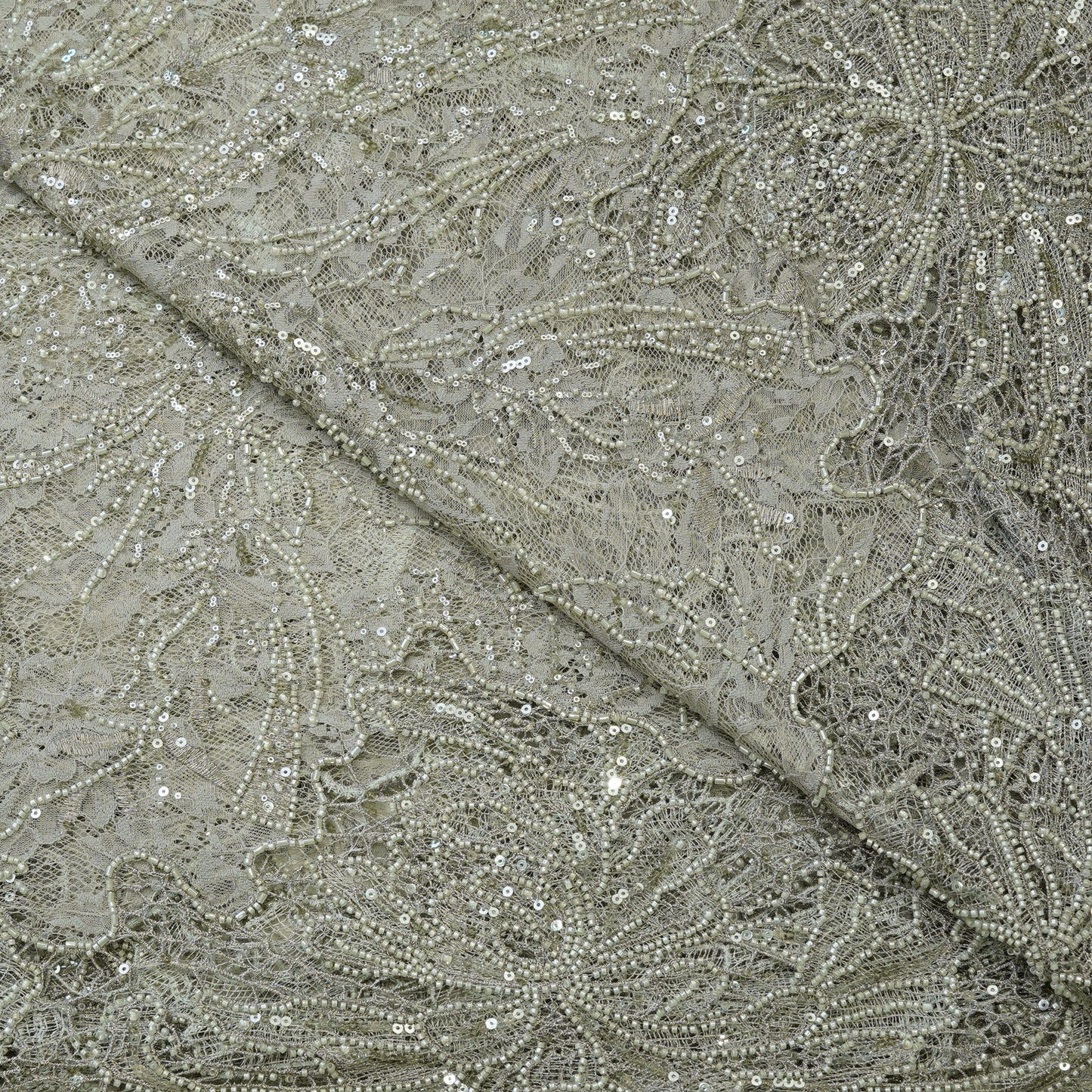Champagne Gold Heavy Embellished Net Fabric.