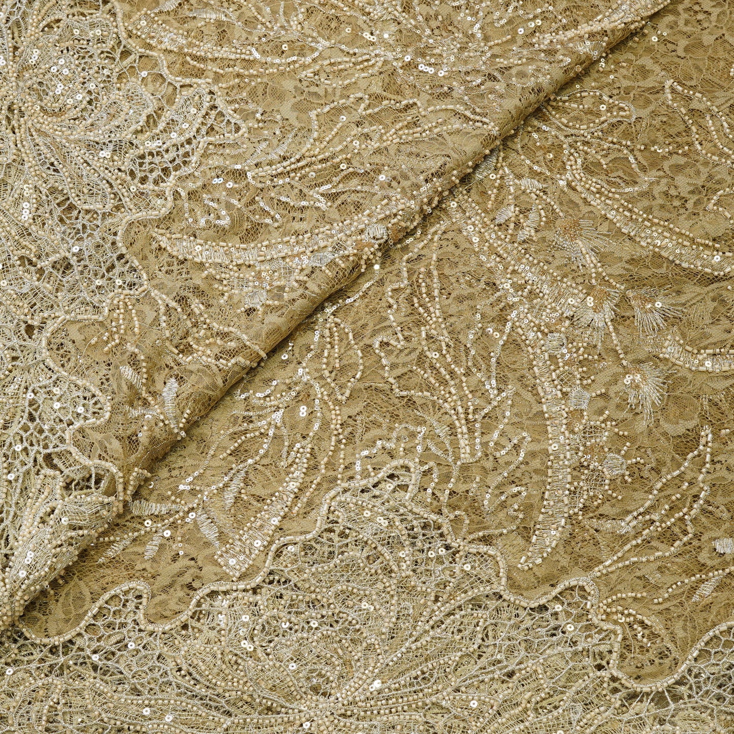 Luxury Antique Gold Net Fabric with Heavy Sequins & Cutdana Embroidery