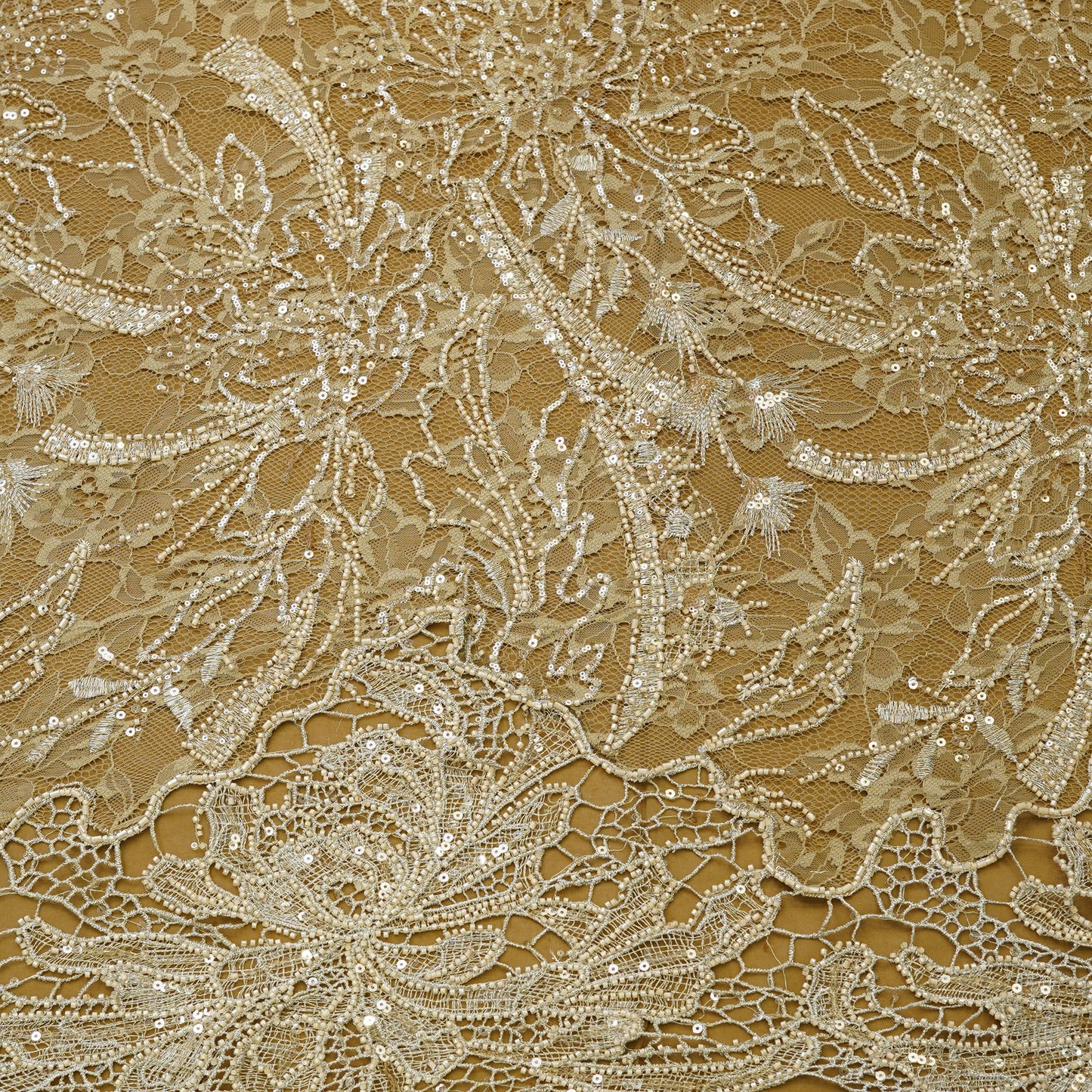 Luxury Antique Gold Net Fabric with Heavy Sequins & Cutdana Embroidery
