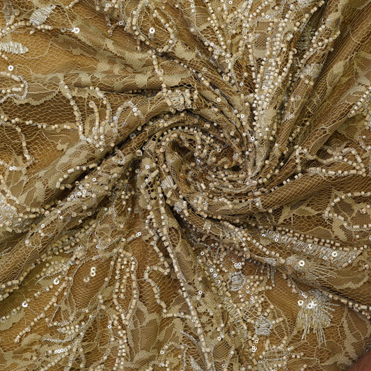 Luxury Antique Gold Net Fabric with Heavy Sequins & Cutdana Embroidery