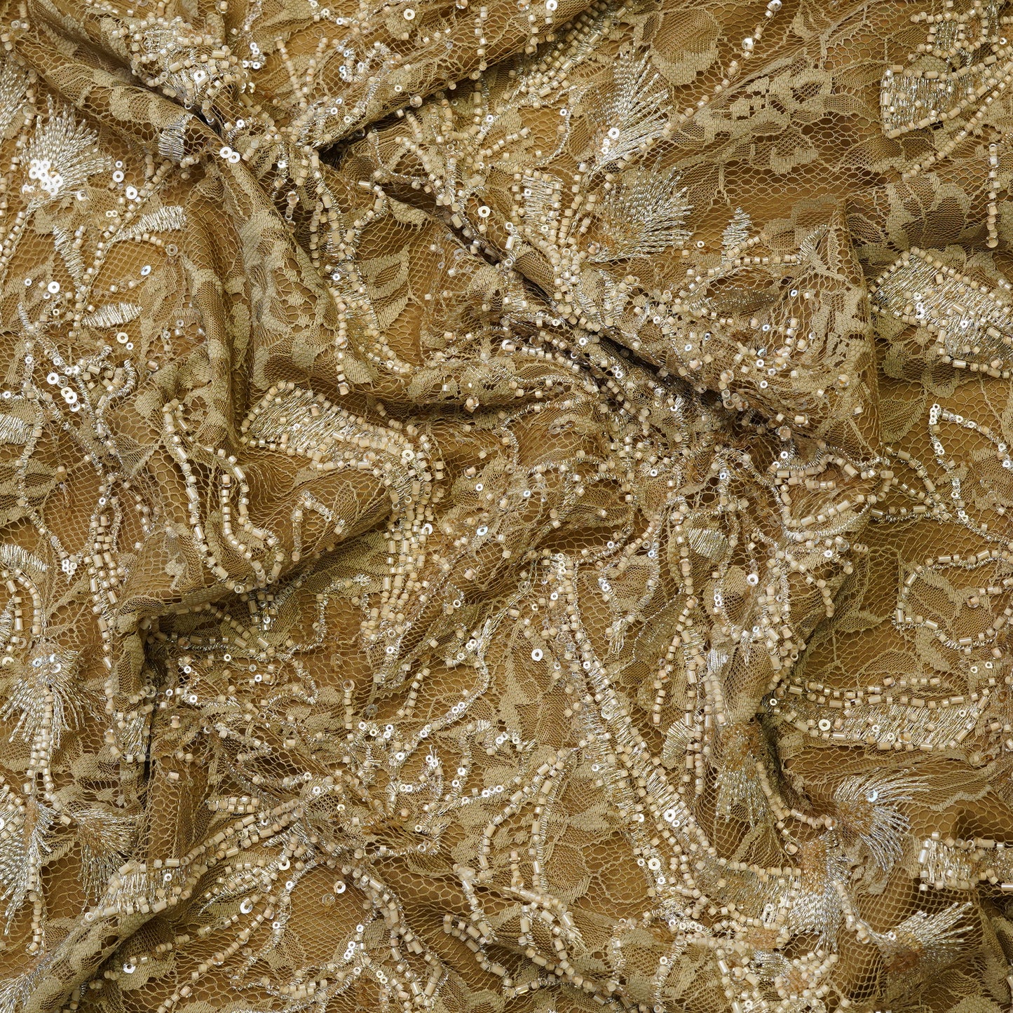 Luxury Antique Gold Net Fabric with Heavy Sequins & Cutdana Embroidery