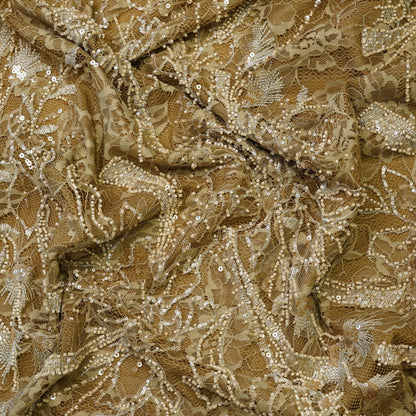Luxury Antique Gold Net Fabric with Heavy Sequins & Cutdana Embroidery