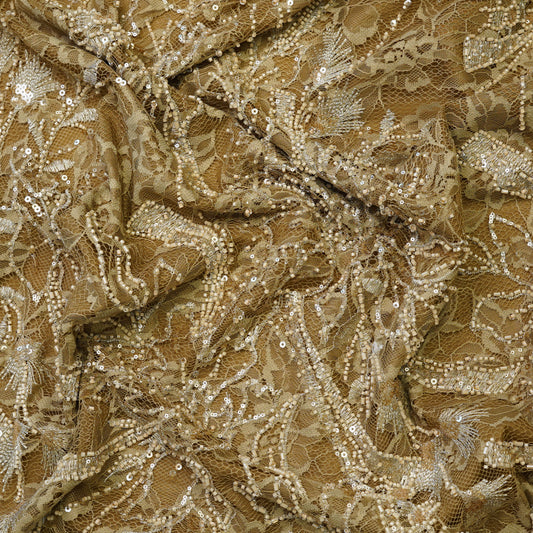 Luxury Antique Gold Net Fabric with Heavy Sequins & Cutdana Embroidery