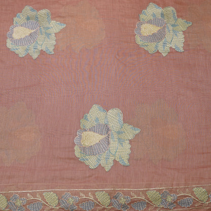 Elegant Dusty Rose Tissue Fabric with Floral Embroidery Border.