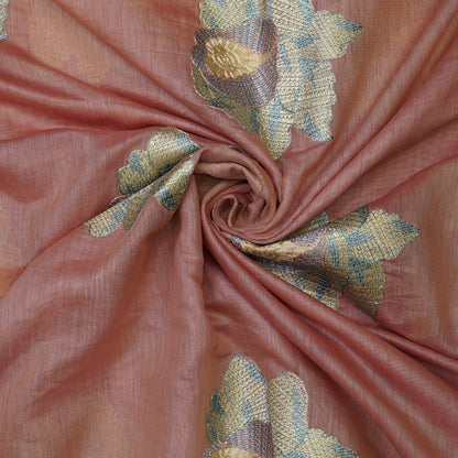 Elegant Dusty Rose Tissue Fabric with Floral Embroidery Border.