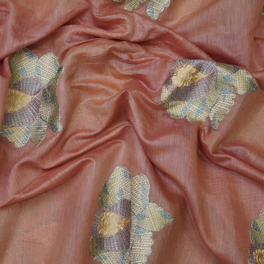 Elegant Dusty Rose Fabric with Floral Embroidery Border.