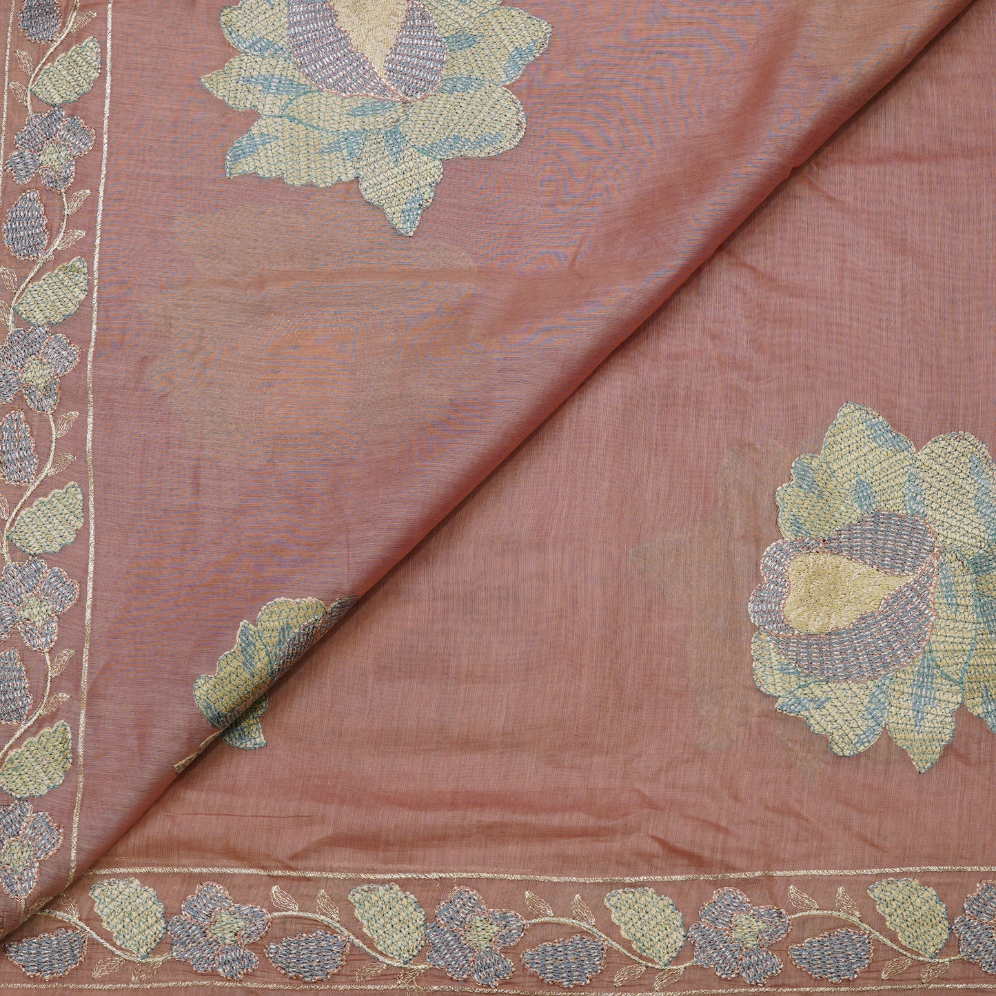 Elegant Dusty Rose Tissue Fabric with Floral Embroidery Border.