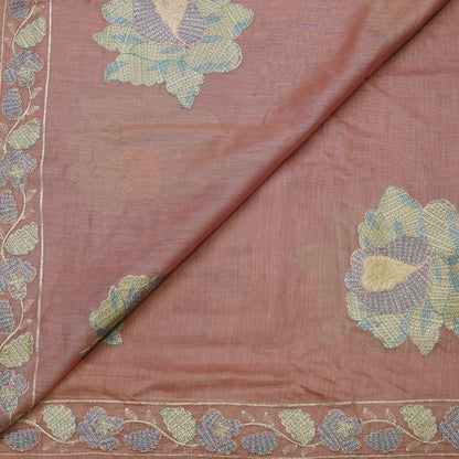Elegant Dusty Rose Tissue Fabric with Floral Embroidery Border.