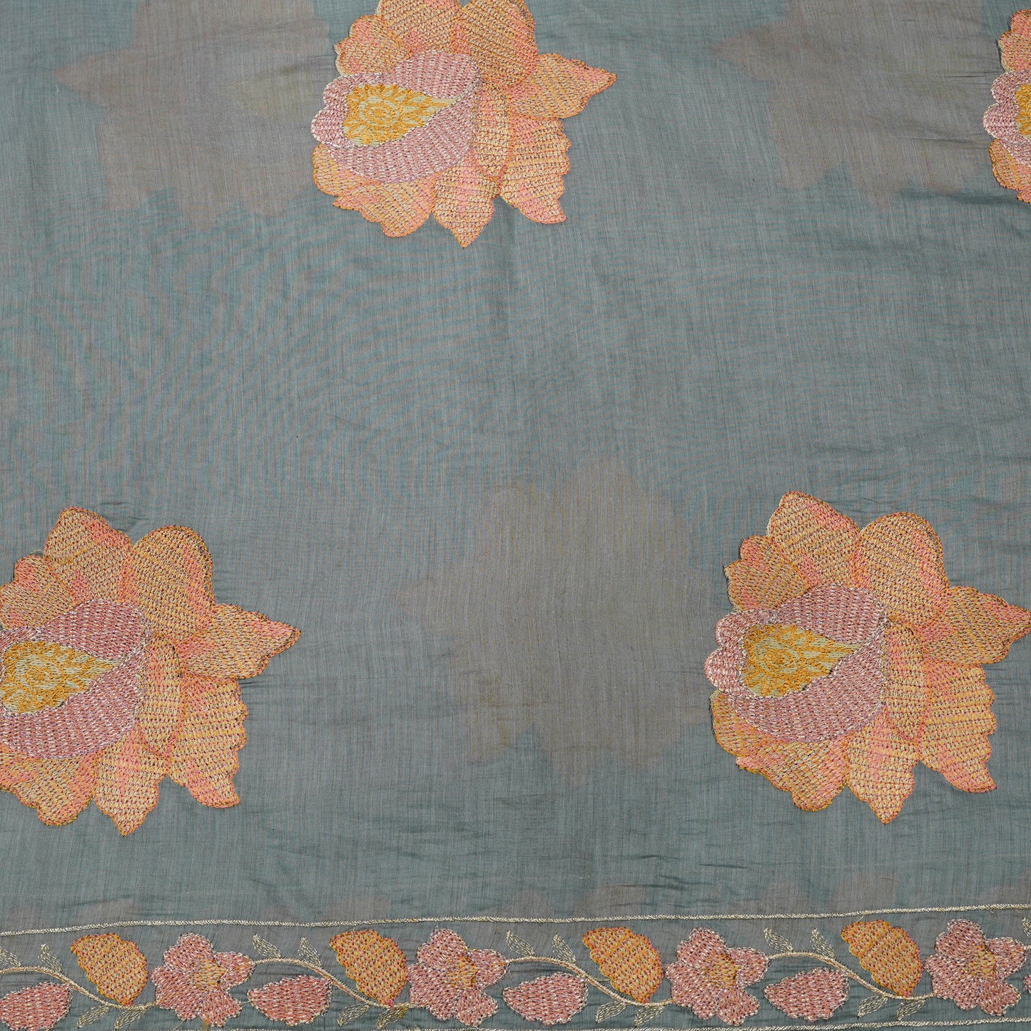 Elegant Sage Green Tissue Fabric with Floral Embroidery Border.
