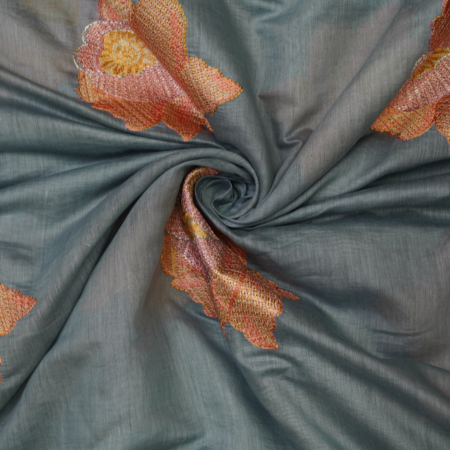 Elegant Sage Green Tissue Fabric with Floral Embroidery Border.
