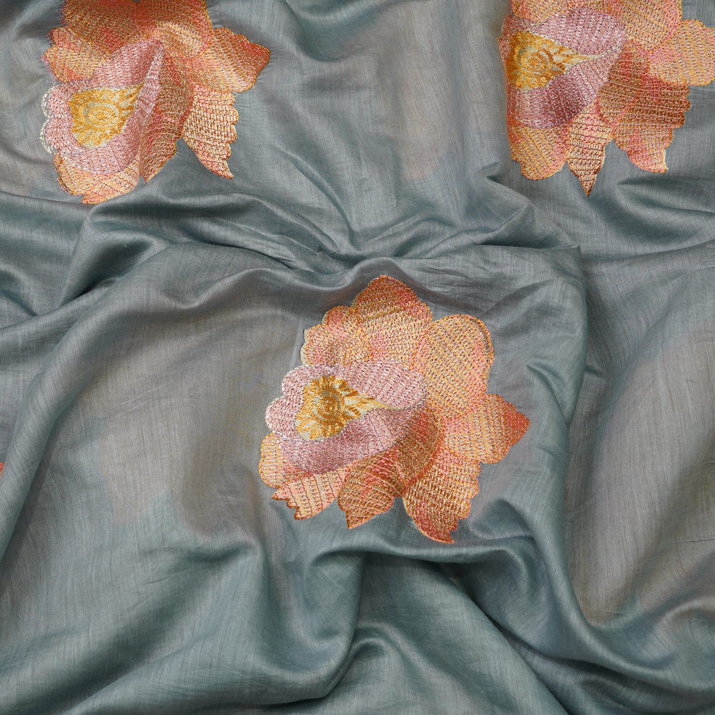 Elegant Sage Green Tissue Fabric with Floral Embroidery Border.