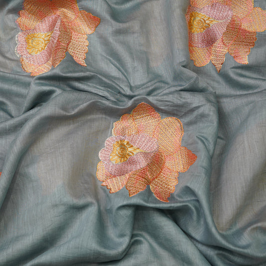 Elegant Sage Green Fabric with Floral Embroidery Border.