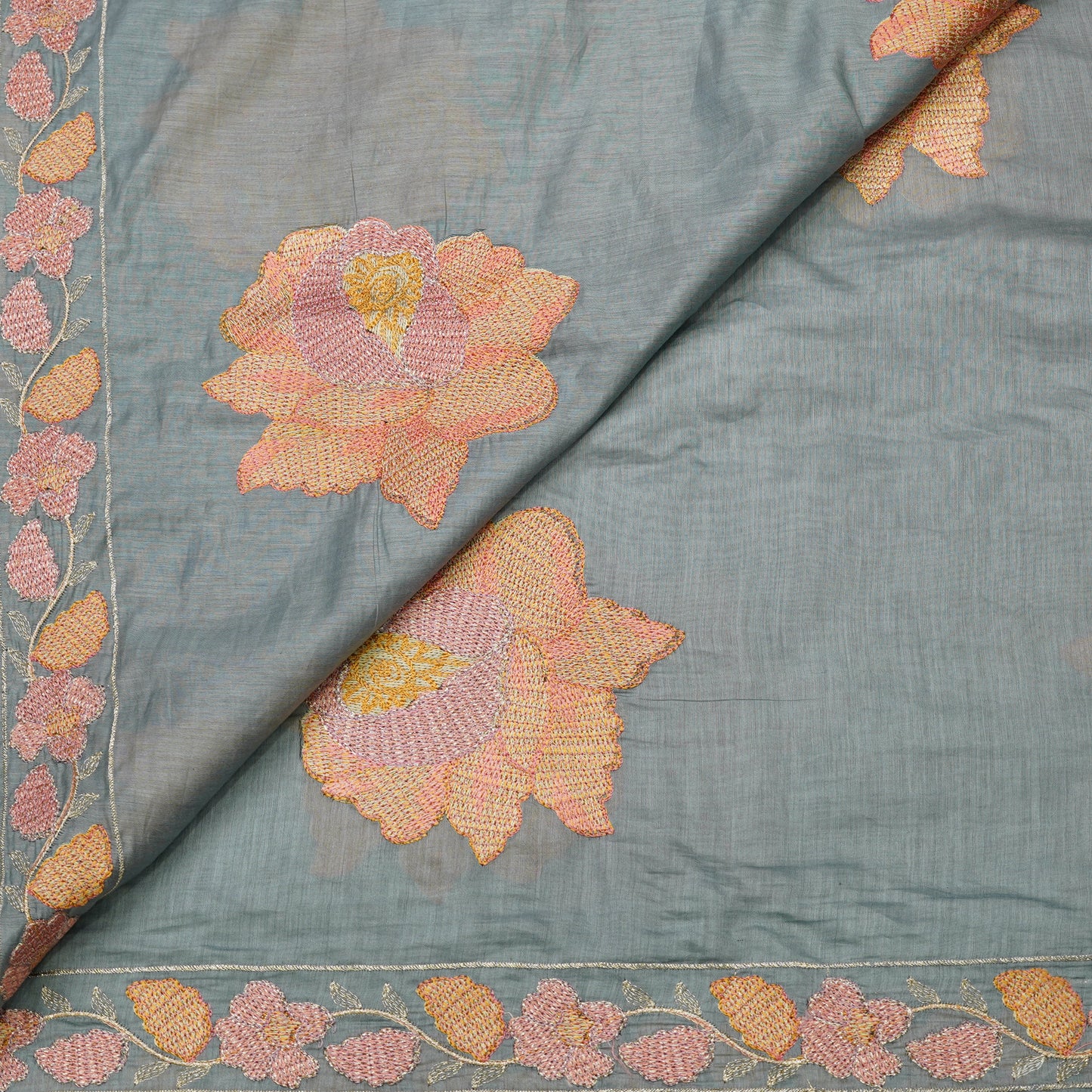 Elegant Sage Green Tissue Fabric with Floral Embroidery Border.