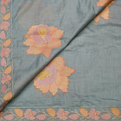 Elegant Sage Green Tissue Fabric with Floral Embroidery Border.