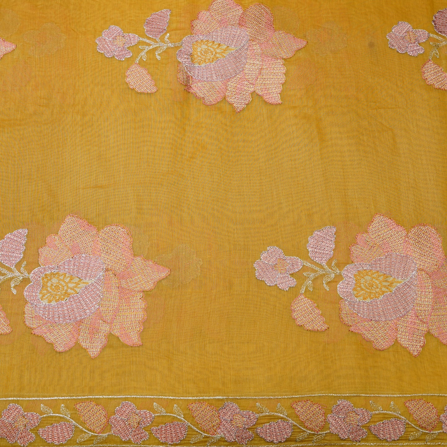 Premium Mustard Yellow Tissue Fabric with Floral Embroidery Border.