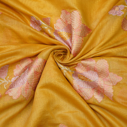 Premium Mustard Yellow Tissue Fabric with Floral Embroidery Border.