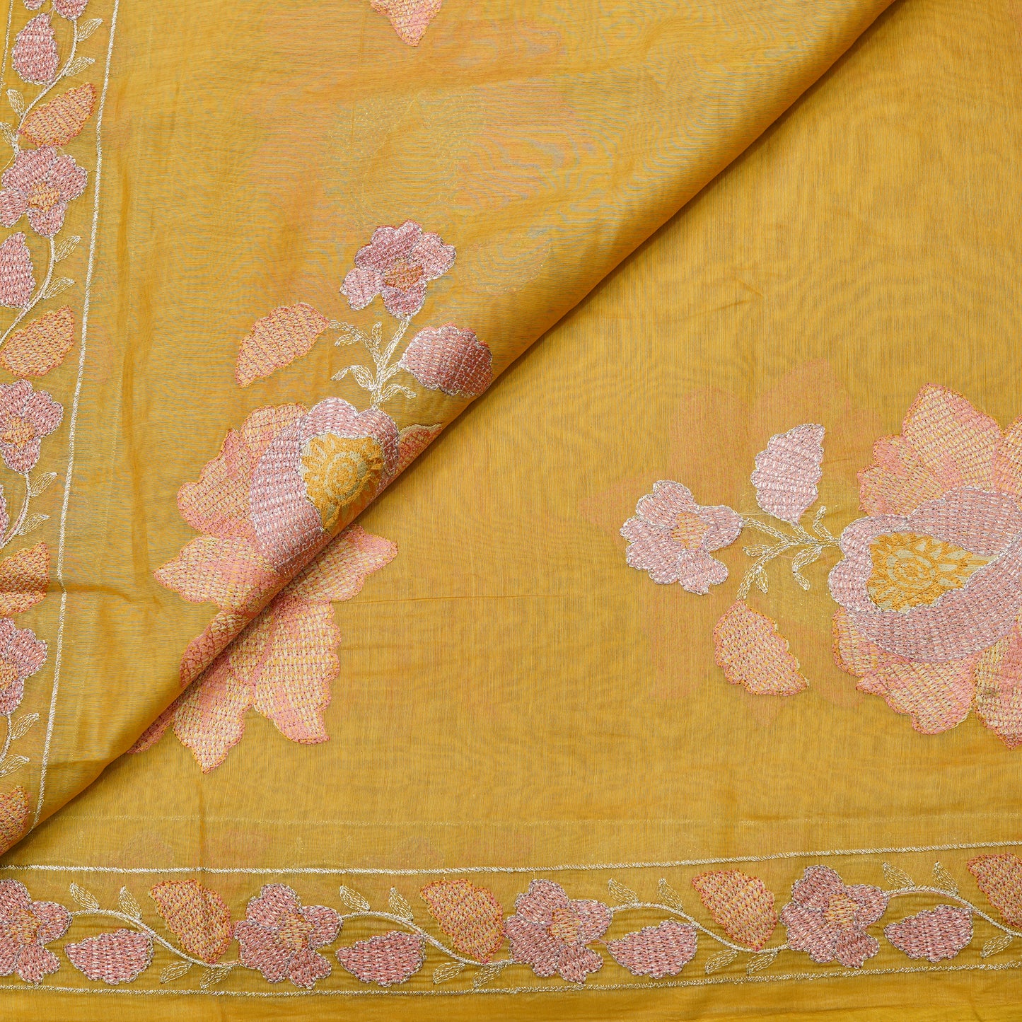 Premium Mustard Yellow Tissue Fabric with Floral Embroidery Border.