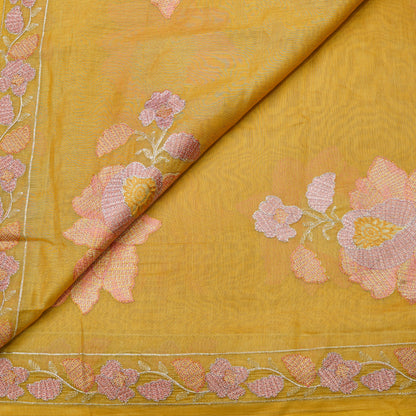 Premium Mustard Yellow Tissue Fabric with Floral Embroidery Border.