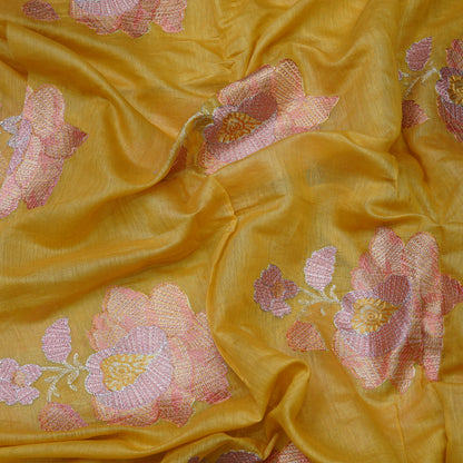 Premium Mustard Yellow Tissue Fabric with Floral Embroidery Border.