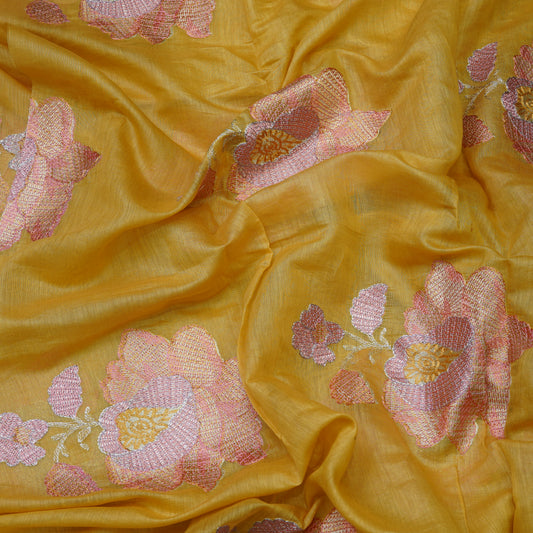 Premium Mustard Yellow Fabric with Floral Embroidery Border.