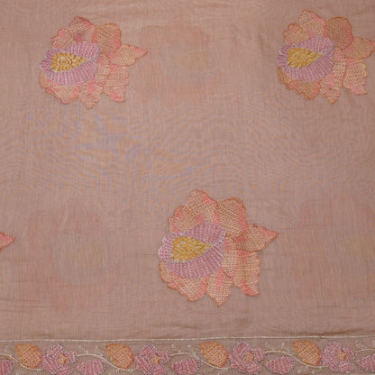 Premium Peach Floral Embroidered Mul chanderi Fabric.
