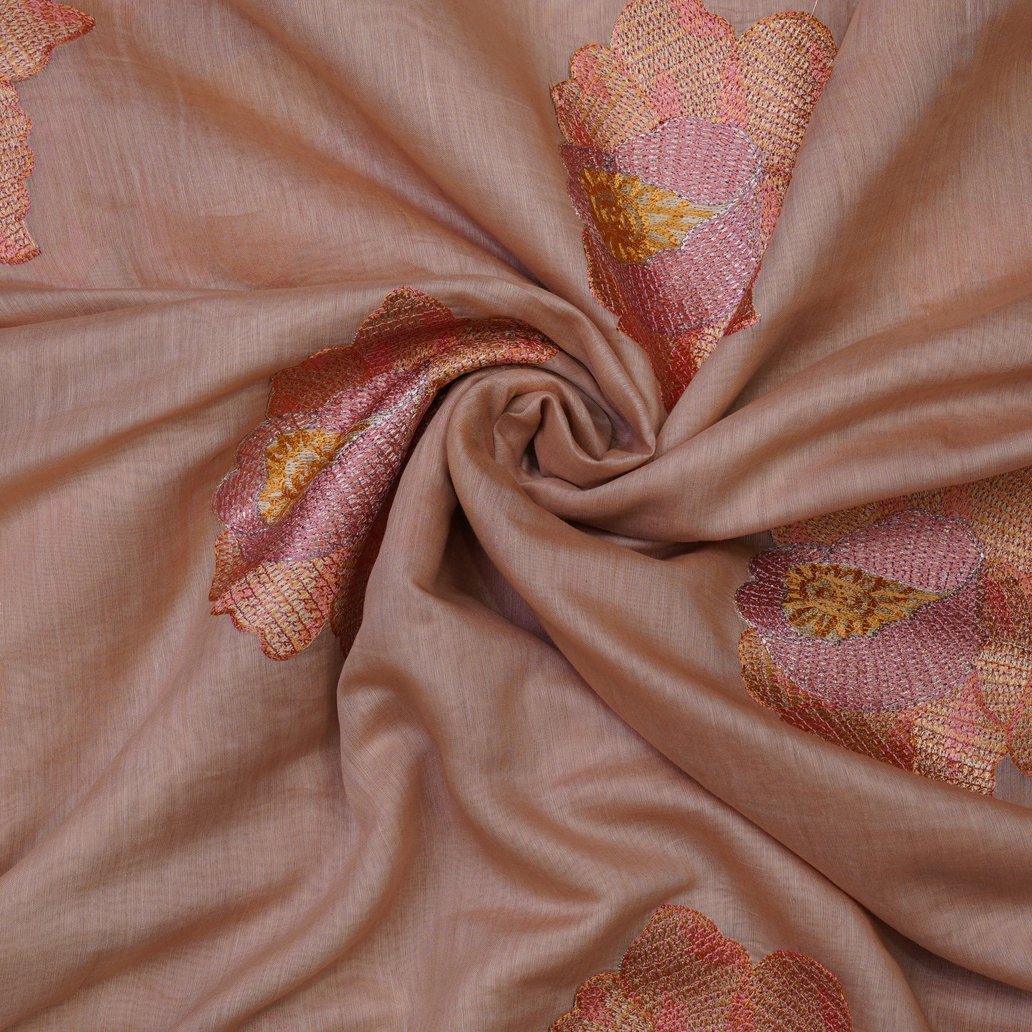 Premium Peach Floral Embroidered Mul chanderi Fabric.