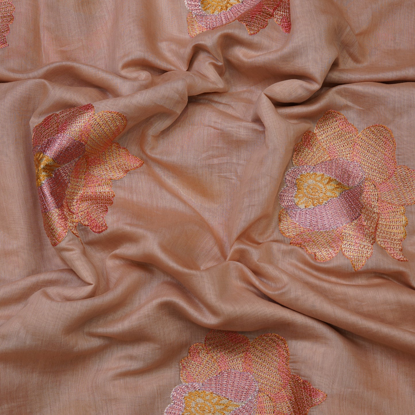 Premium Peach Floral Embroidered Mul chanderi Fabric.