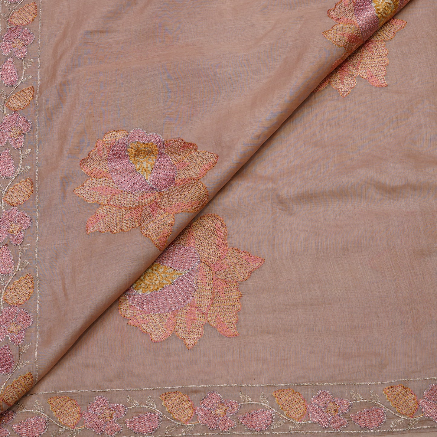 Premium Peach Floral Embroidered Mul chanderi Fabric.