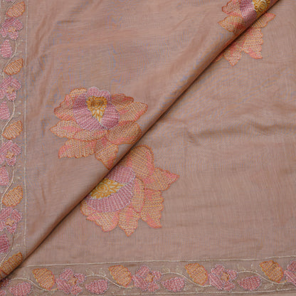 Premium Peach Floral Embroidered Mul chanderi Fabric.