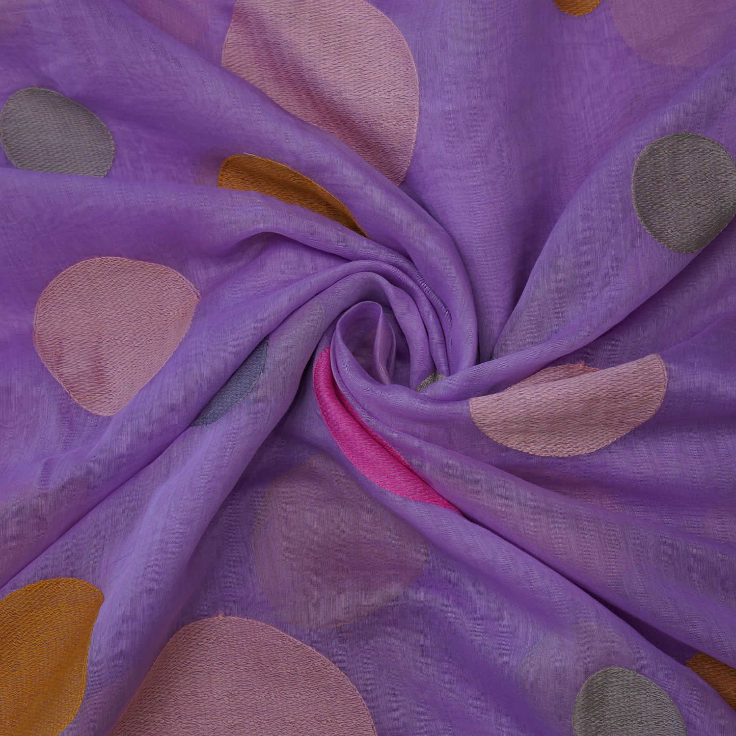 Premium Lavender Polka Dot Embroidered chanderi Fabric.