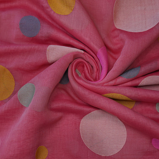 Premium Rose Pink Polka Dot Embroidered chanderi Fabric.
