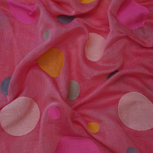 Premium Rose Pink Polka Dot Embroidered chanderi Fabric.