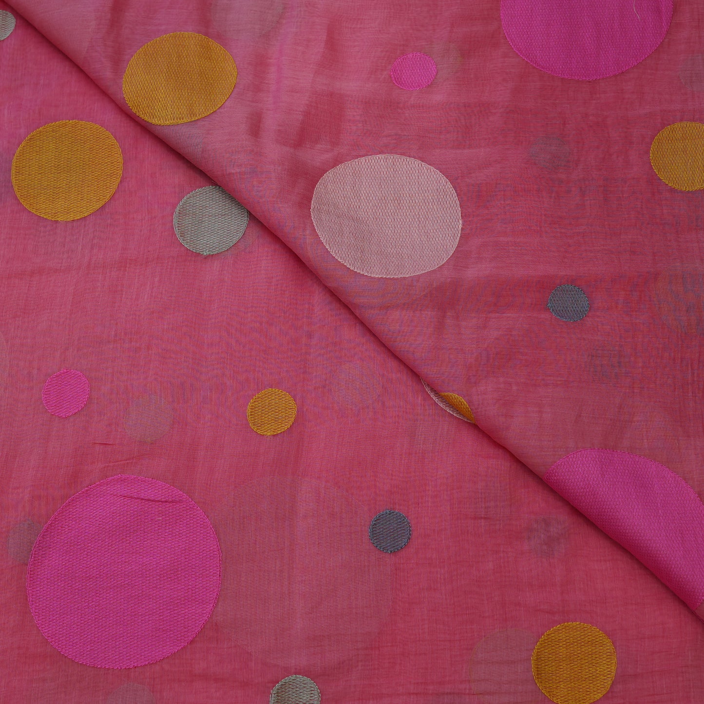 Premium Rose Pink Polka Dot Embroidered chanderi Fabric.