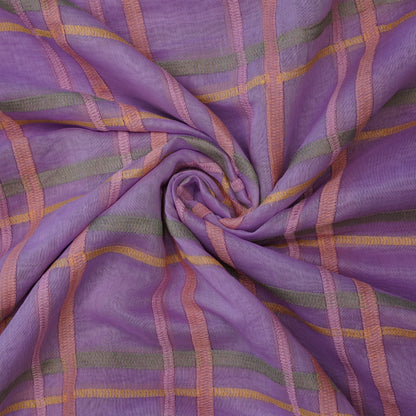 Premium Lavender Check Embroidered chanderi Fabric.