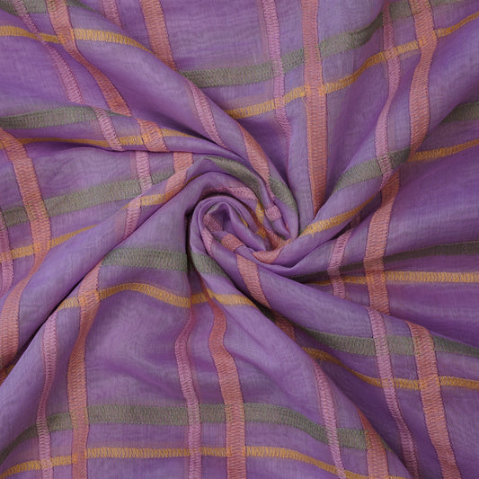 Premium Lavender Check Embroidered chanderi Fabric.