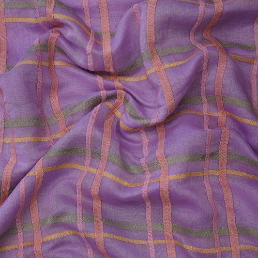 Premium Lavender Check Embroidered chanderi Fabric.