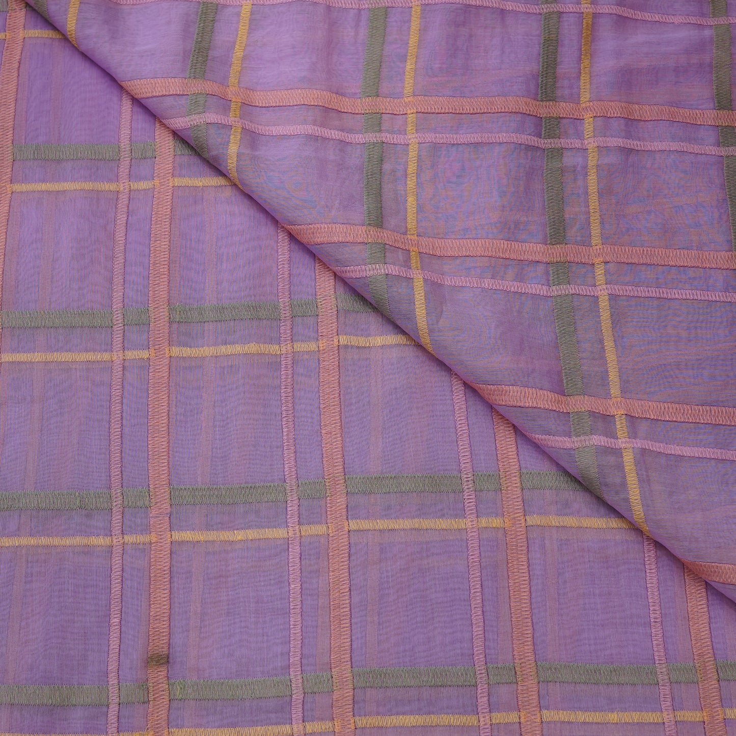 Premium Lavender Check Embroidered chanderi Fabric.