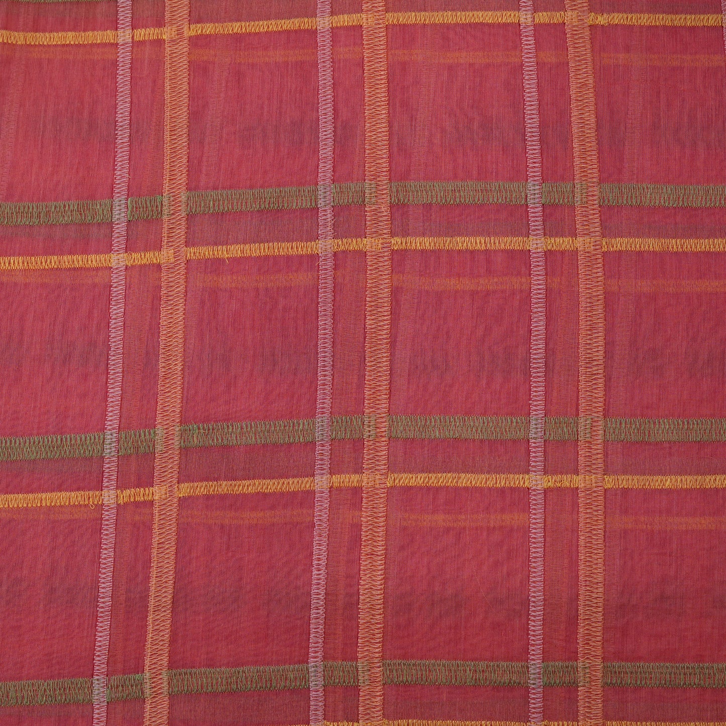 Premium Rust Pink Check Embroidered chanderi Fabric.
