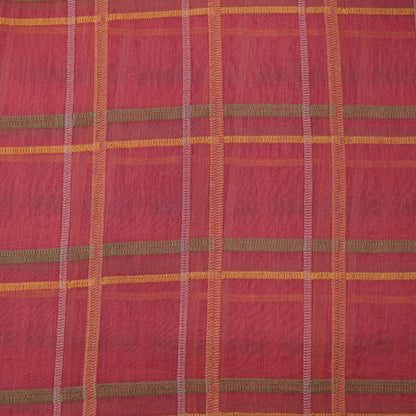 Premium Rust Pink Check Embroidered chanderi Fabric.