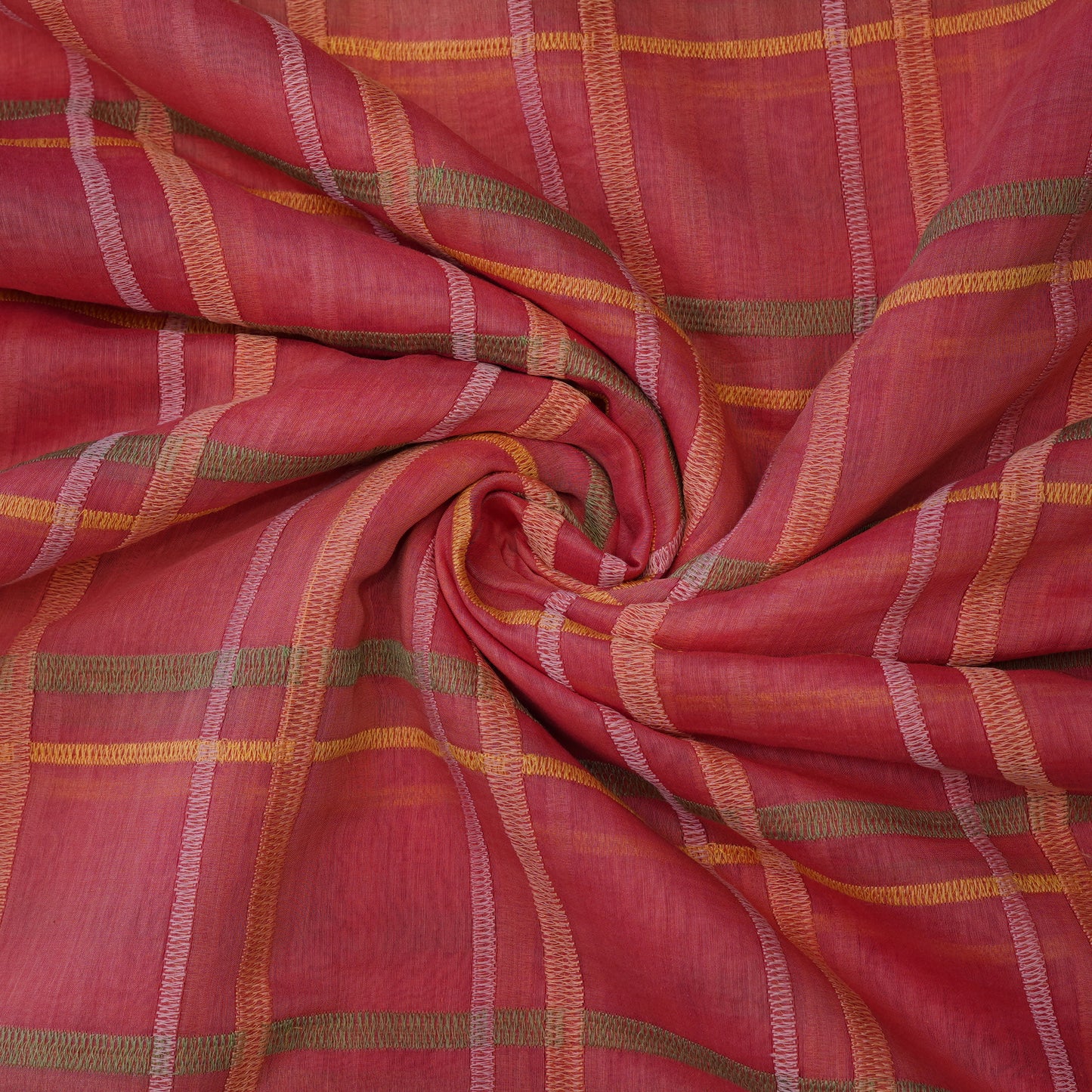Premium Rust Pink Check Embroidered chanderi Fabric.